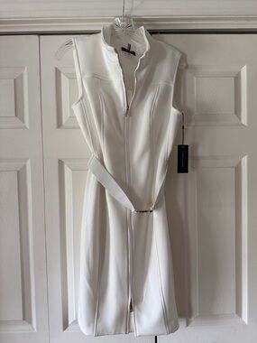 Tommy Hilfiger Sleeveless White Zip-Front Belted Dress